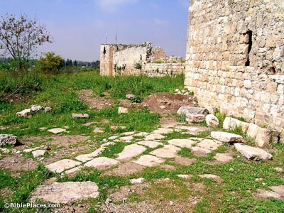 The remains of a stone walkway overgrown with grass leading up to the side of a stone building with a small window, and a stone wall leading on to a distant structure