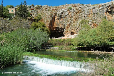 A rocky bluff with a cave in the bottom center, with a spring flowing from the cave and down a couple low cascades flanked by trees
